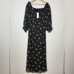 NEW Aakaa Black Floral Maxi Dress Half Sleeve Size M Cottagecore, Peasant